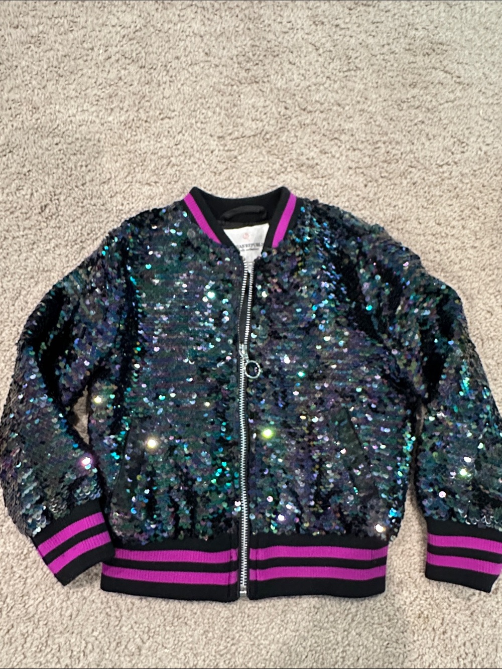 Urban Republic Girls Black Iridescent Sequin Bomber Jacket with Purple Trim